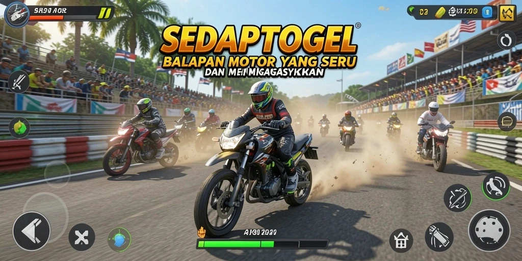 Gameplay SEDAPTOGEL menampilkan balapan motor yang mendebarkan.